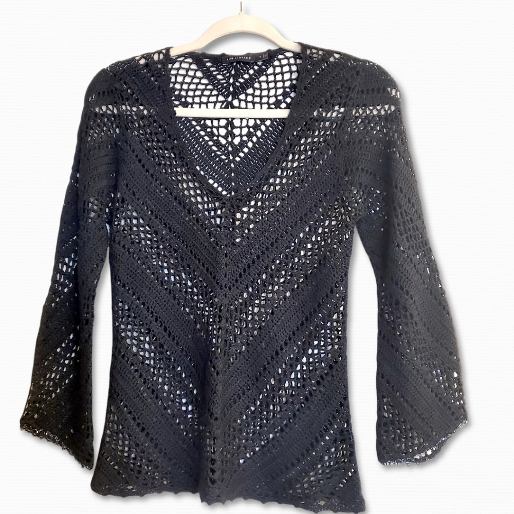 Crochet V Neck Black Long Sleeve Top with Bead Trim by The Limited Size S